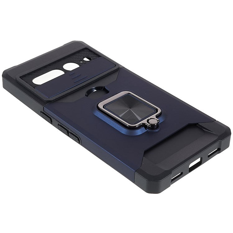 For Google Pixel 7 Pro 5G PC TPU Hybrid Phone Case Cover Slide Camera Lens Protection Kickstand with Card Slot - Navy Blue