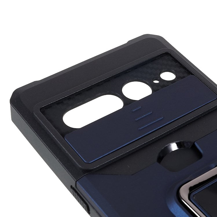 For Google Pixel 7 Pro 5G PC TPU Hybrid Phone Case Cover Slide Camera Lens Protection Kickstand with Card Slot - Navy Blue