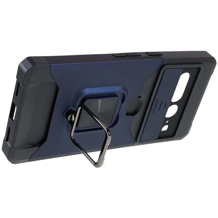 For Google Pixel 7 Pro 5G PC TPU Hybrid Phone Case Cover Slide Camera Lens Protection Kickstand with Card Slot - Navy Blue