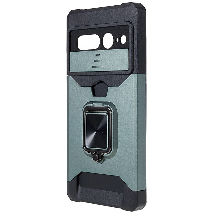 For Google Pixel 7 Pro 5G PC TPU Hybrid Phone Case Cover Slide Camera Lens Protection Kickstand with Card Slot - Blackish Green