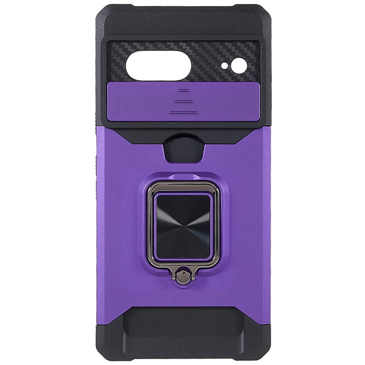 For Google Pixel 7 Hard PC Soft TPU Hybrid Impact-Resistant Phone Case Slide Camera Lens Protection Design Kickstand Back Cover with Card Slot - Purple