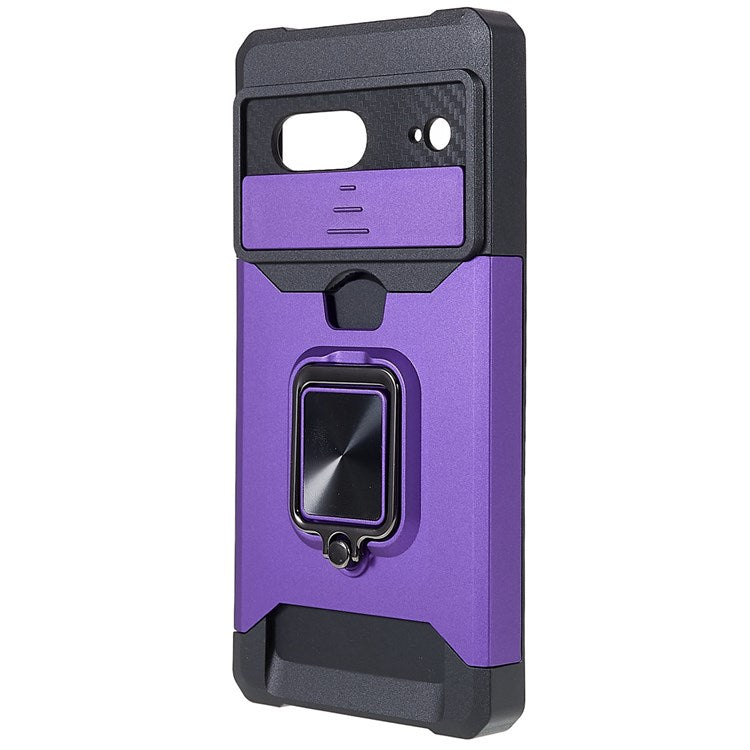 For Google Pixel 7 Hard PC Soft TPU Hybrid Impact-Resistant Phone Case Slide Camera Lens Protection Design Kickstand Back Cover with Card Slot - Purple