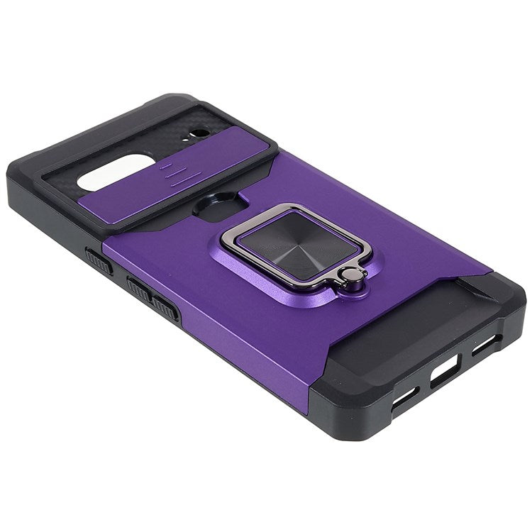 For Google Pixel 7 Hard PC Soft TPU Hybrid Impact-Resistant Phone Case Slide Camera Lens Protection Design Kickstand Back Cover with Card Slot - Purple