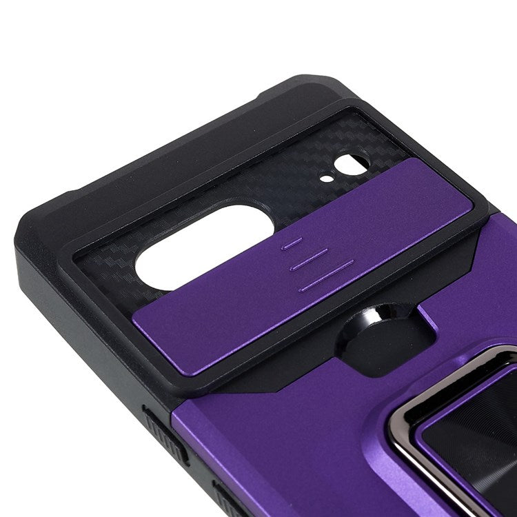 For Google Pixel 7 Hard PC Soft TPU Hybrid Impact-Resistant Phone Case Slide Camera Lens Protection Design Kickstand Back Cover with Card Slot - Purple