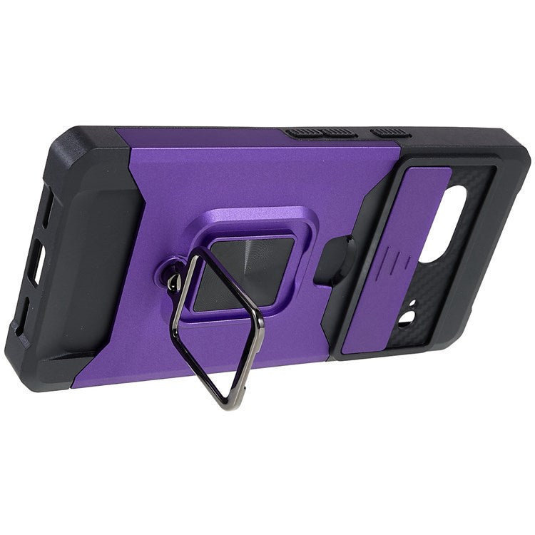 For Google Pixel 7 Hard PC Soft TPU Hybrid Impact-Resistant Phone Case Slide Camera Lens Protection Design Kickstand Back Cover with Card Slot - Purple