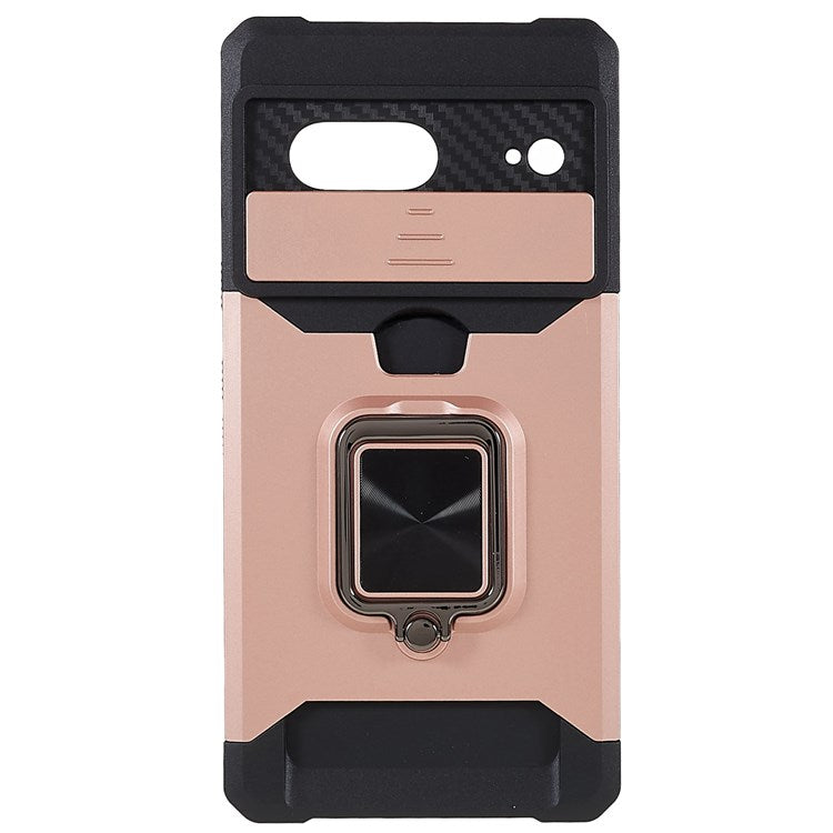 For Google Pixel 7 Hard PC Soft TPU Hybrid Impact-Resistant Phone Case Slide Camera Lens Protection Design Kickstand Back Cover with Card Slot - Rose Gold