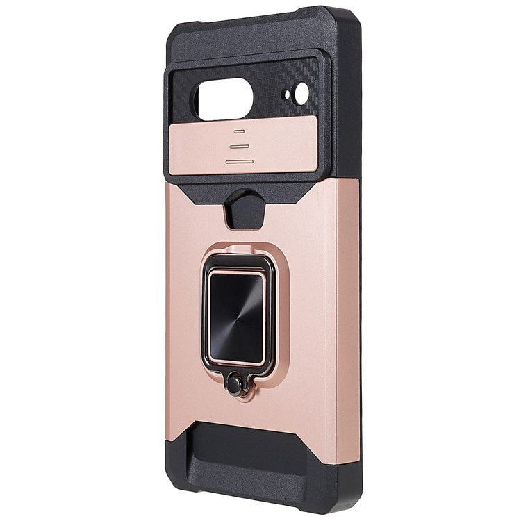 For Google Pixel 7 Hard PC Soft TPU Hybrid Impact-Resistant Phone Case Slide Camera Lens Protection Design Kickstand Back Cover with Card Slot - Rose Gold