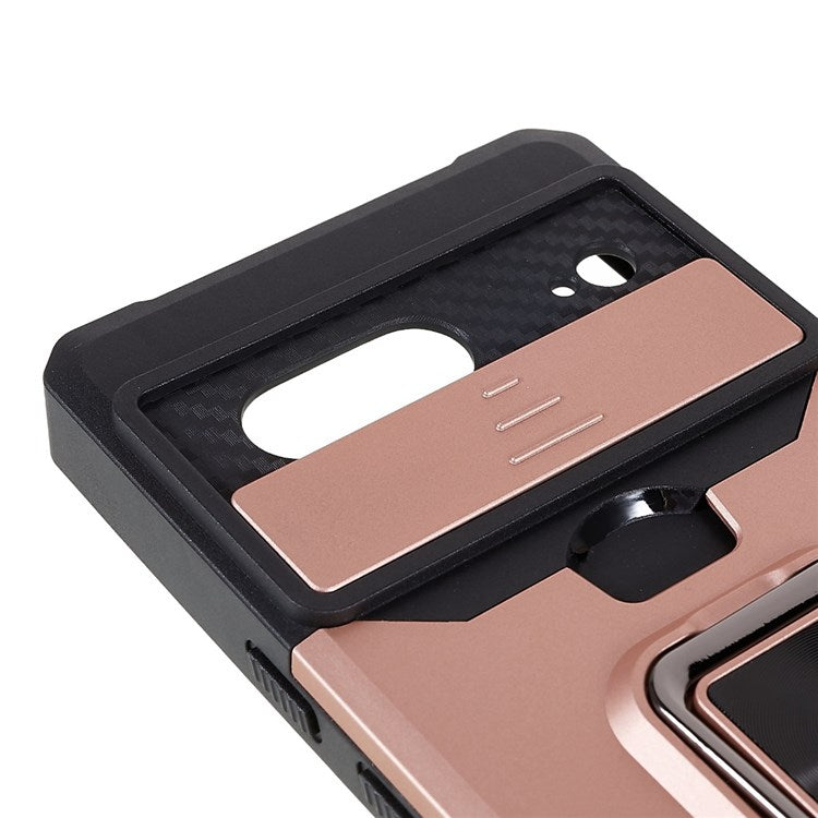 For Google Pixel 7 Hard PC Soft TPU Hybrid Impact-Resistant Phone Case Slide Camera Lens Protection Design Kickstand Back Cover with Card Slot - Rose Gold