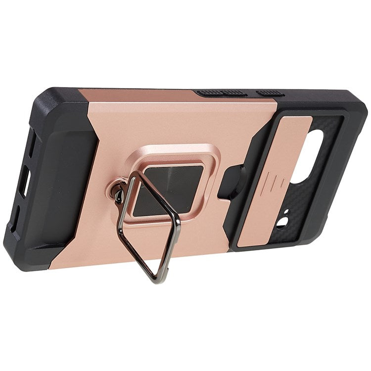 For Google Pixel 7 Hard PC Soft TPU Hybrid Impact-Resistant Phone Case Slide Camera Lens Protection Design Kickstand Back Cover with Card Slot - Rose Gold