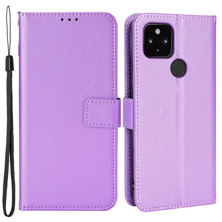 Shockproof Case for Google Pixel 4a 5G Diamond Texture PU Leather Folio Flip Cover Wallet Phone Case with Stand/Strap - Purple