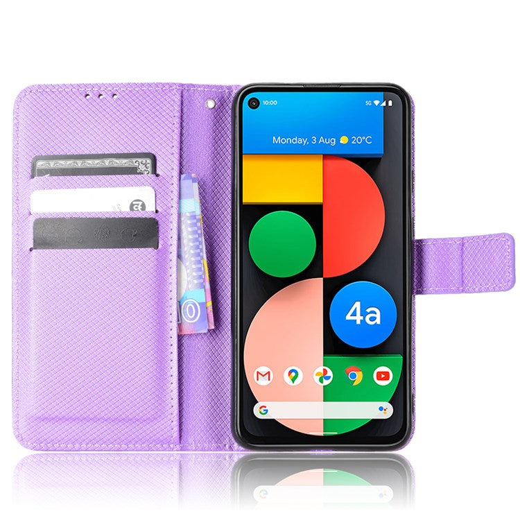 Shockproof Case for Google Pixel 4a 5G Diamond Texture PU Leather Folio Flip Cover Wallet Phone Case with Stand/Strap - Purple