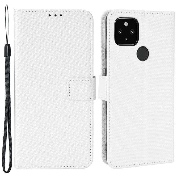 Shockproof Case for Google Pixel 4a 5G Diamond Texture PU Leather Folio Flip Cover Wallet Phone Case with Stand/Strap - White