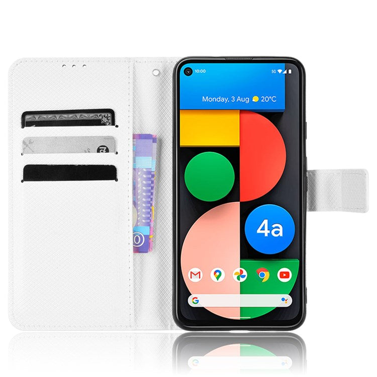 Shockproof Case for Google Pixel 4a 5G Diamond Texture PU Leather Folio Flip Cover Wallet Phone Case with Stand/Strap - White