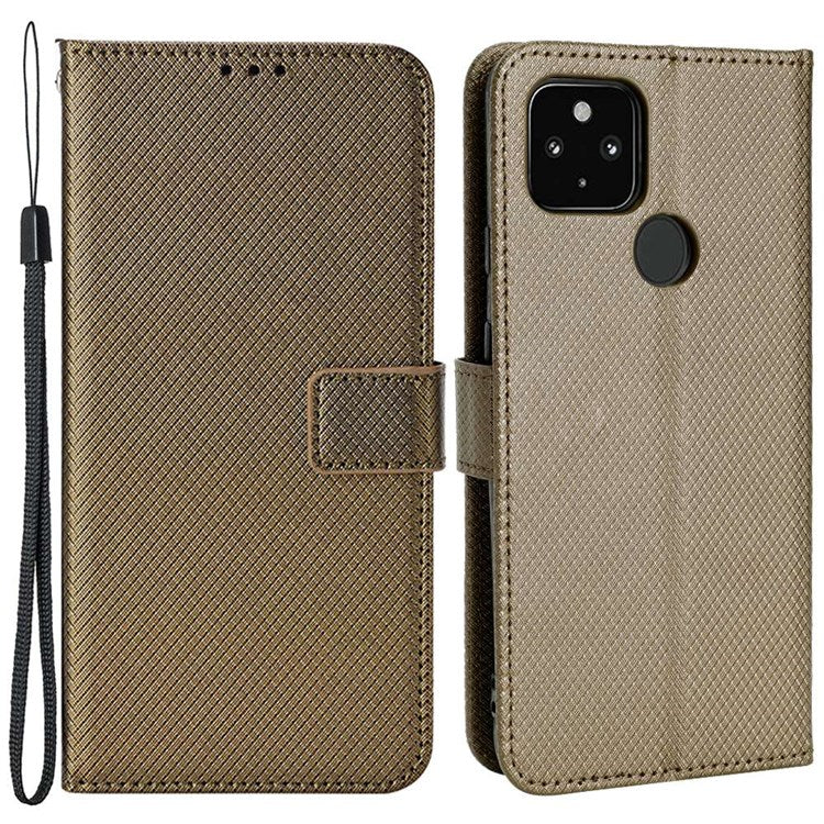 Shockproof Case for Google Pixel 4a 5G Diamond Texture PU Leather Folio Flip Cover Wallet Phone Case with Stand/Strap - Brown