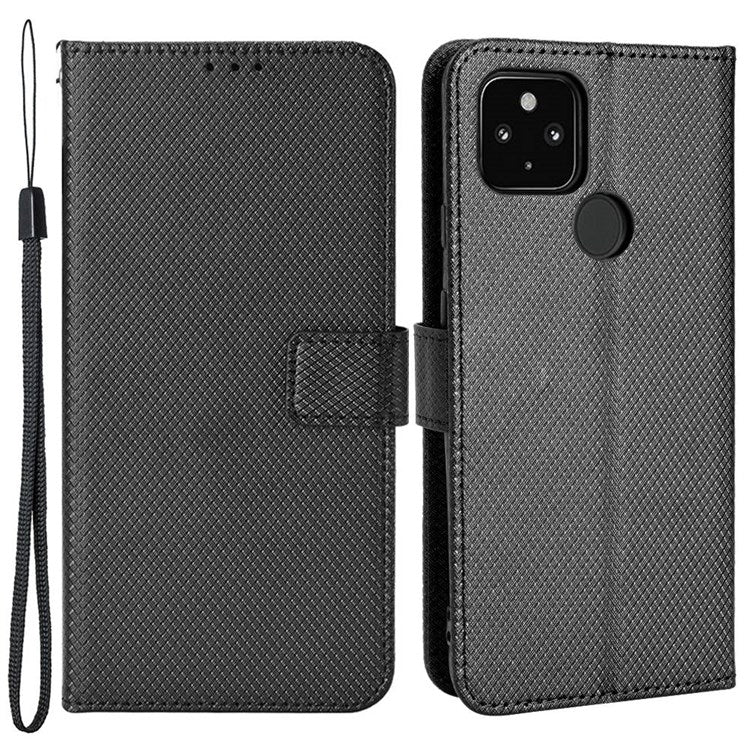 Shockproof Case for Google Pixel 4a 5G Diamond Texture PU Leather Folio Flip Cover Wallet Phone Case with Stand/Strap - Black