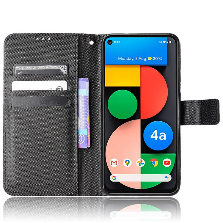 Shockproof Case for Google Pixel 4a 5G Diamond Texture PU Leather Folio Flip Cover Wallet Phone Case with Stand/Strap - Black