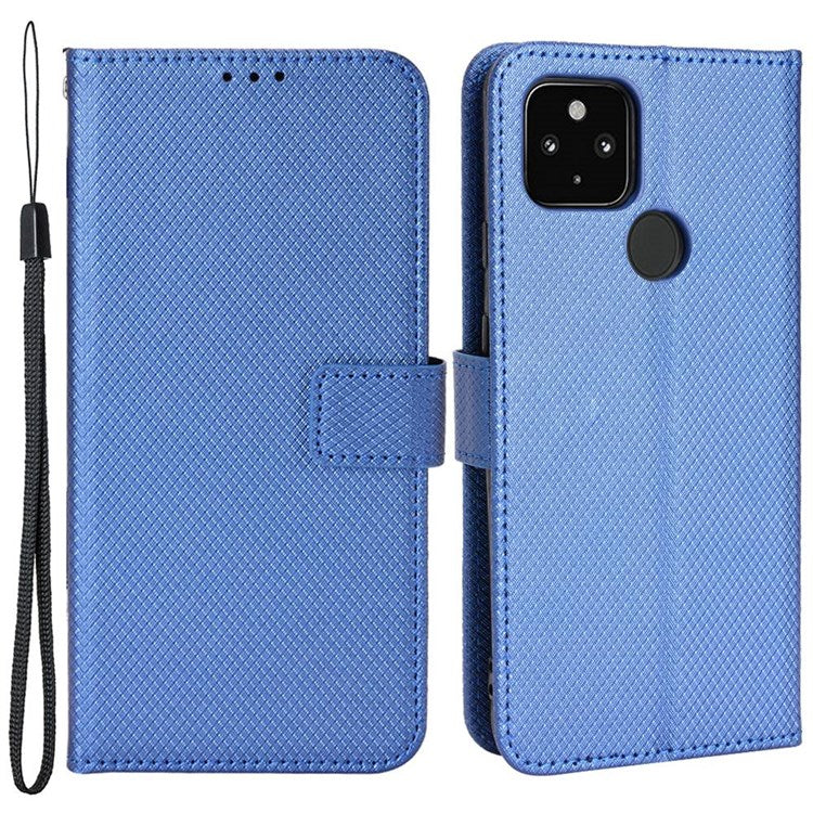 Shockproof Case for Google Pixel 4a 5G Diamond Texture PU Leather Folio Flip Cover Wallet Phone Case with Stand/Strap - Blue