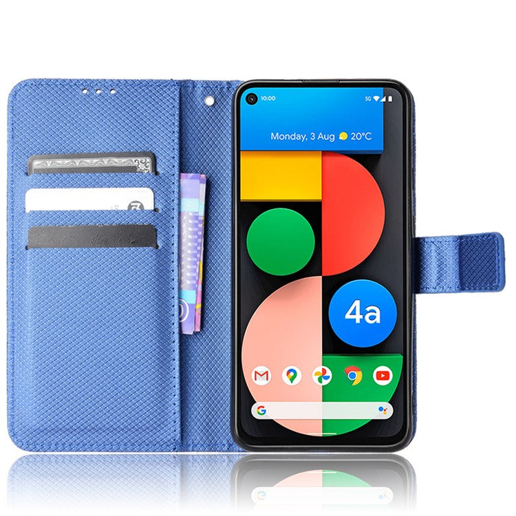 Shockproof Case for Google Pixel 4a 5G Diamond Texture PU Leather Folio Flip Cover Wallet Phone Case with Stand/Strap - Blue