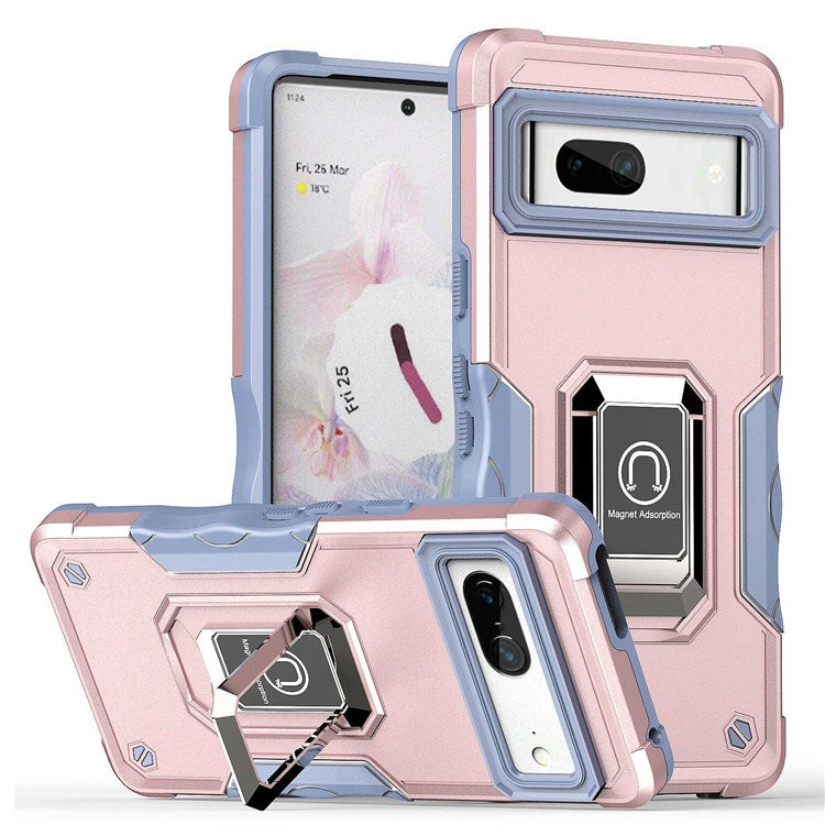 For Google Pixel 7 Sweat-proof Hard PC Soft TPU Hybrid Case Foldable Kickstand Anti-wear Phone Cover with Car Mount Metal Sheet - Rose Gold