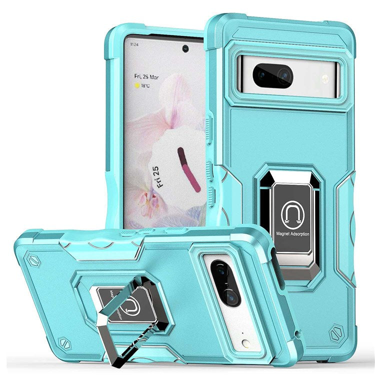 For Google Pixel 7 Sweat-proof Hard PC Soft TPU Hybrid Case Foldable Kickstand Anti-wear Phone Cover with Car Mount Metal Sheet - Light Green