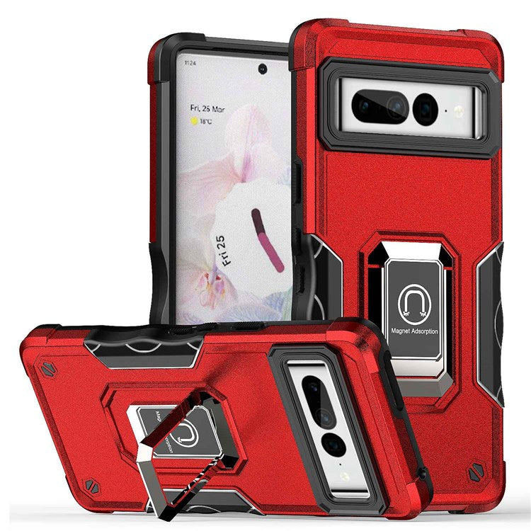 For Google Pixel 7 Pro 5G Shockproof Hard PC Soft TPU Hybrid Case Built-in Kickstand Anti-fall Phone Cover with Car Mount Metal Sheet - Red