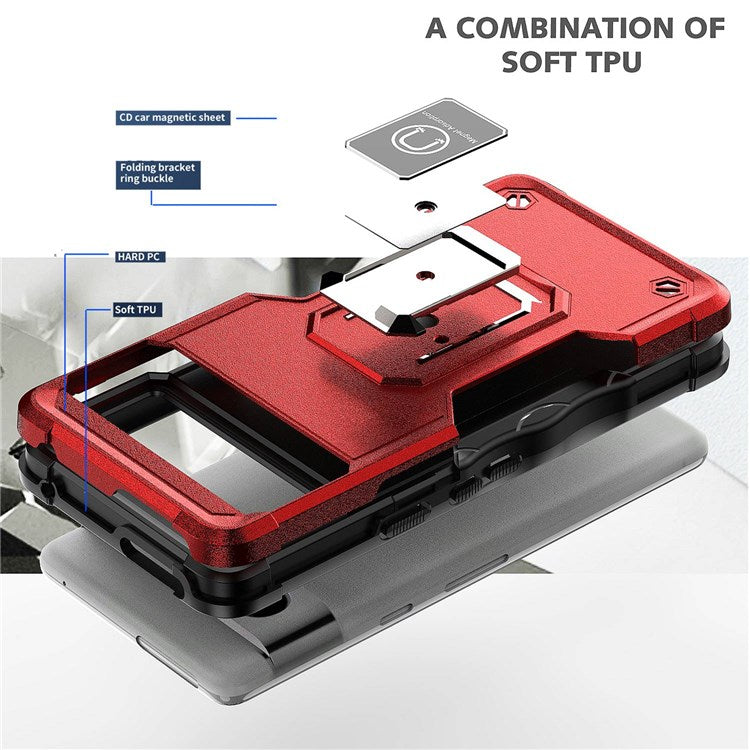 For Google Pixel 7 Pro 5G Shockproof Hard PC Soft TPU Hybrid Case Built-in Kickstand Anti-fall Phone Cover with Car Mount Metal Sheet - Red