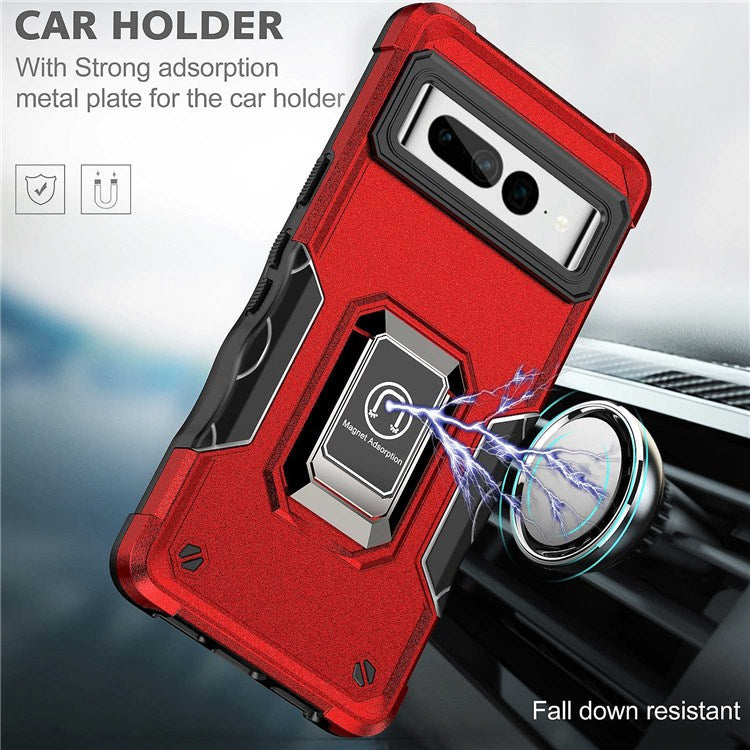 For Google Pixel 7 Pro 5G Shockproof Hard PC Soft TPU Hybrid Case Built-in Kickstand Anti-fall Phone Cover with Car Mount Metal Sheet - Red