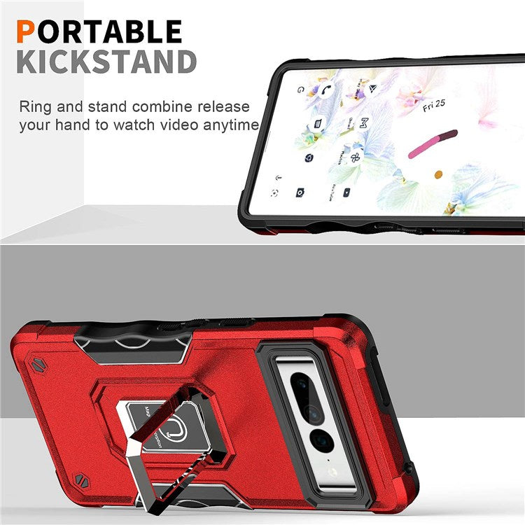 For Google Pixel 7 Pro 5G Shockproof Hard PC Soft TPU Hybrid Case Built-in Kickstand Anti-fall Phone Cover with Car Mount Metal Sheet - Red