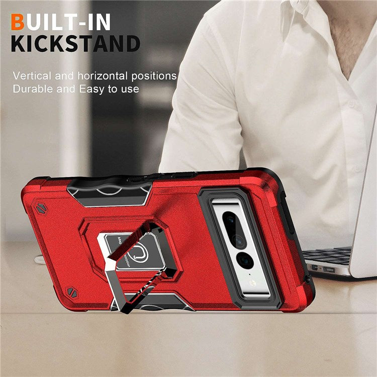 For Google Pixel 7 Pro 5G Shockproof Hard PC Soft TPU Hybrid Case Built-in Kickstand Anti-fall Phone Cover with Car Mount Metal Sheet - Red