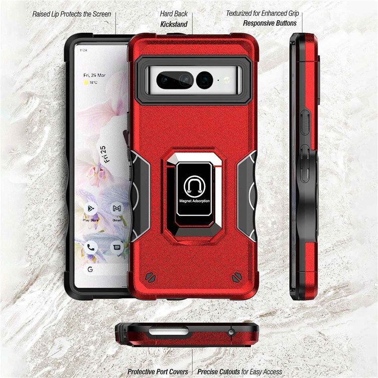 For Google Pixel 7 Pro 5G Shockproof Hard PC Soft TPU Hybrid Case Built-in Kickstand Anti-fall Phone Cover with Car Mount Metal Sheet - Red