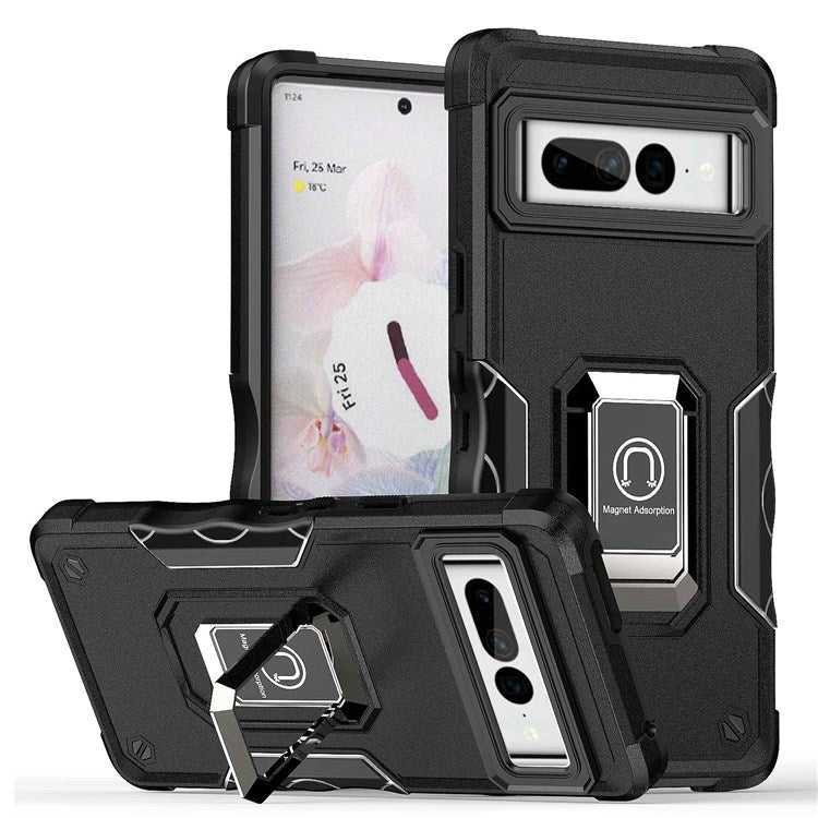 For Google Pixel 7 Pro 5G Shockproof Hard PC Soft TPU Hybrid Case Built-in Kickstand Anti-fall Phone Cover with Car Mount Metal Sheet - Black