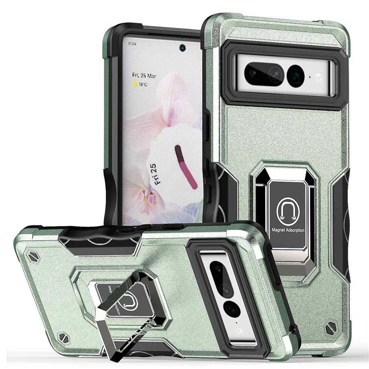 For Google Pixel 7 Pro 5G Shockproof Hard PC Soft TPU Hybrid Case Built-in Kickstand Anti-fall Phone Cover with Car Mount Metal Sheet - Green