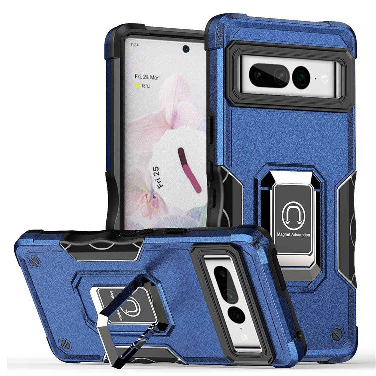 For Google Pixel 7 Pro 5G Shockproof Hard PC Soft TPU Hybrid Case Built-in Kickstand Anti-fall Phone Cover with Car Mount Metal Sheet - Blue