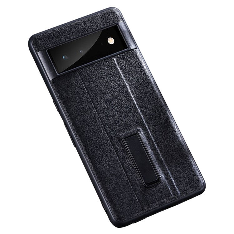 For Google Pixel 7 Pro 5G PU Leather Coated Hard PC Anti-Scratch Protective Shell Kickstand Hands-free Phone Cover - Black