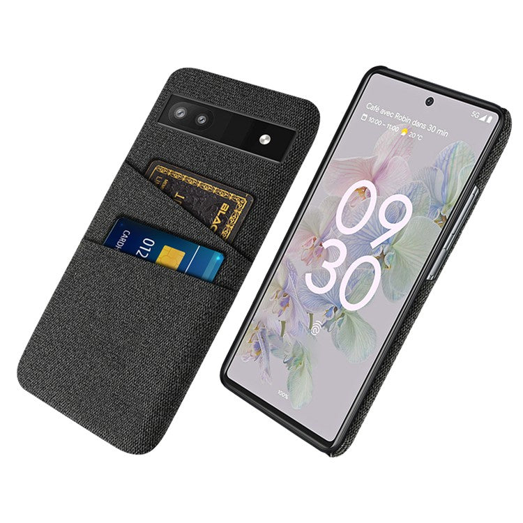 For Google Pixel 6a 5G Cloth Texture Shockproof Phone Case with Dual Card Slots Non-slip PU Leather Coated PC Protective Cover - Black