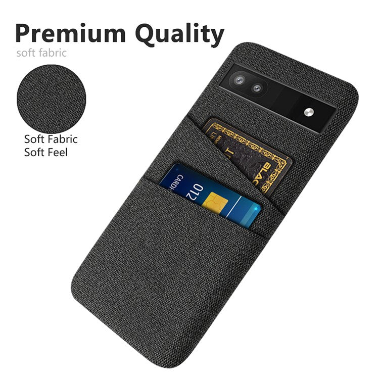 For Google Pixel 6a 5G Cloth Texture Shockproof Phone Case with Dual Card Slots Non-slip PU Leather Coated PC Protective Cover - Black