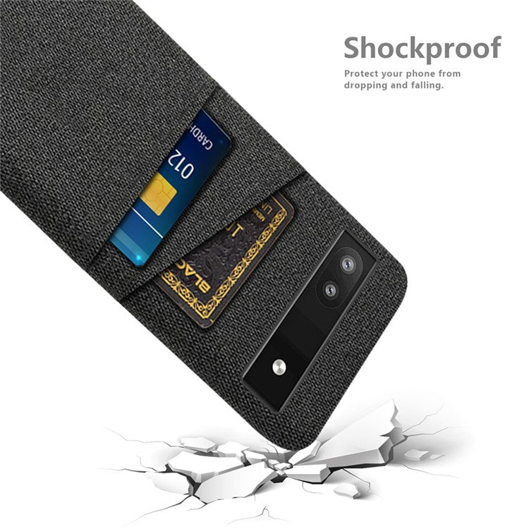 For Google Pixel 6a 5G Cloth Texture Shockproof Phone Case with Dual Card Slots Non-slip PU Leather Coated PC Protective Cover - Black