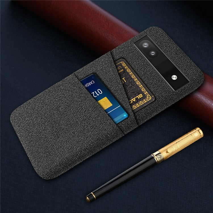 For Google Pixel 6a 5G Cloth Texture Shockproof Phone Case with Dual Card Slots Non-slip PU Leather Coated PC Protective Cover - Black