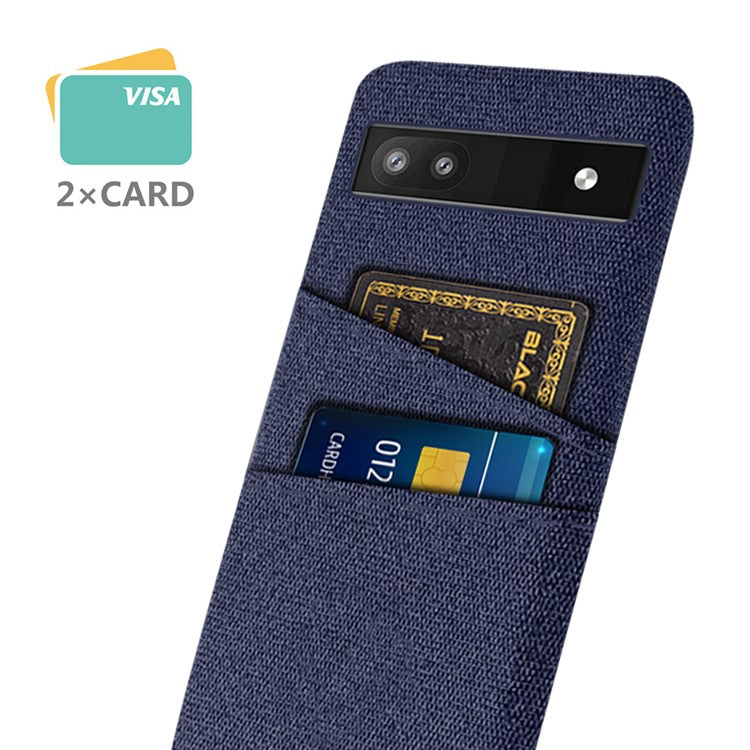 For Google Pixel 6a 5G Cloth Texture Shockproof Phone Case with Dual Card Slots Non-slip PU Leather Coated PC Protective Cover - Blue