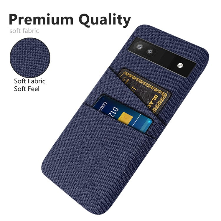 For Google Pixel 6a 5G Cloth Texture Shockproof Phone Case with Dual Card Slots Non-slip PU Leather Coated PC Protective Cover - Blue