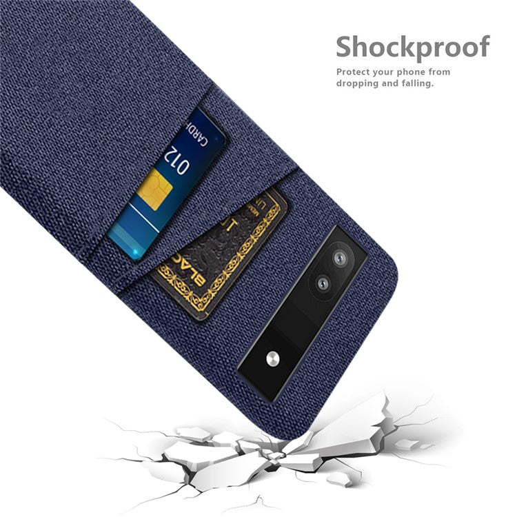 For Google Pixel 6a 5G Cloth Texture Shockproof Phone Case with Dual Card Slots Non-slip PU Leather Coated PC Protective Cover - Blue