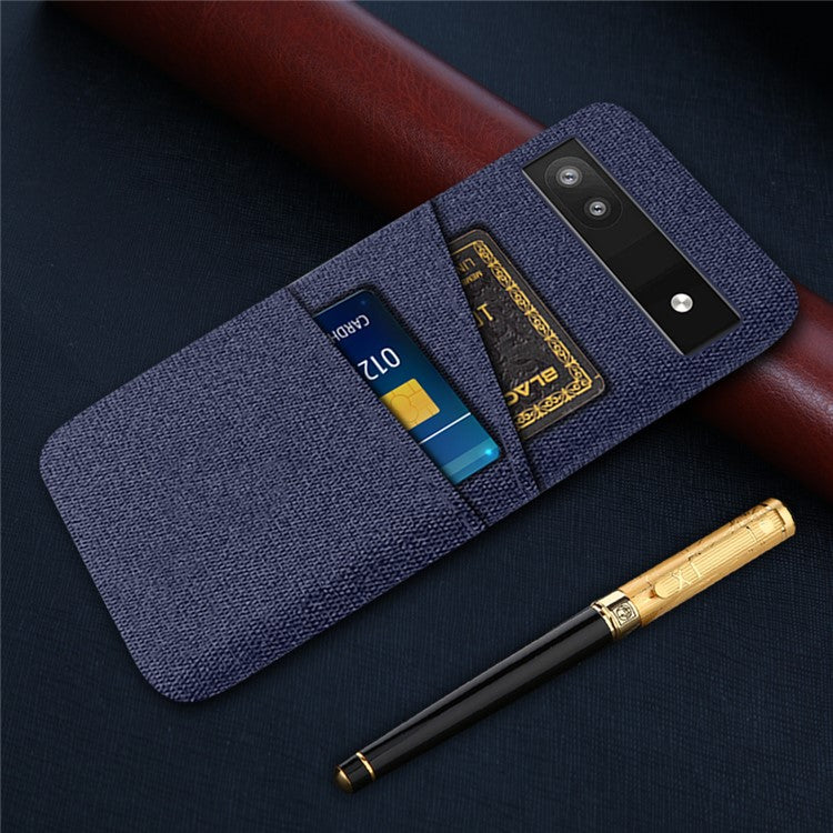 For Google Pixel 6a 5G Cloth Texture Shockproof Phone Case with Dual Card Slots Non-slip PU Leather Coated PC Protective Cover - Blue