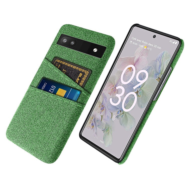 For Google Pixel 6a 5G Cloth Texture Shockproof Phone Case with Dual Card Slots Non-slip PU Leather Coated PC Protective Cover - Green