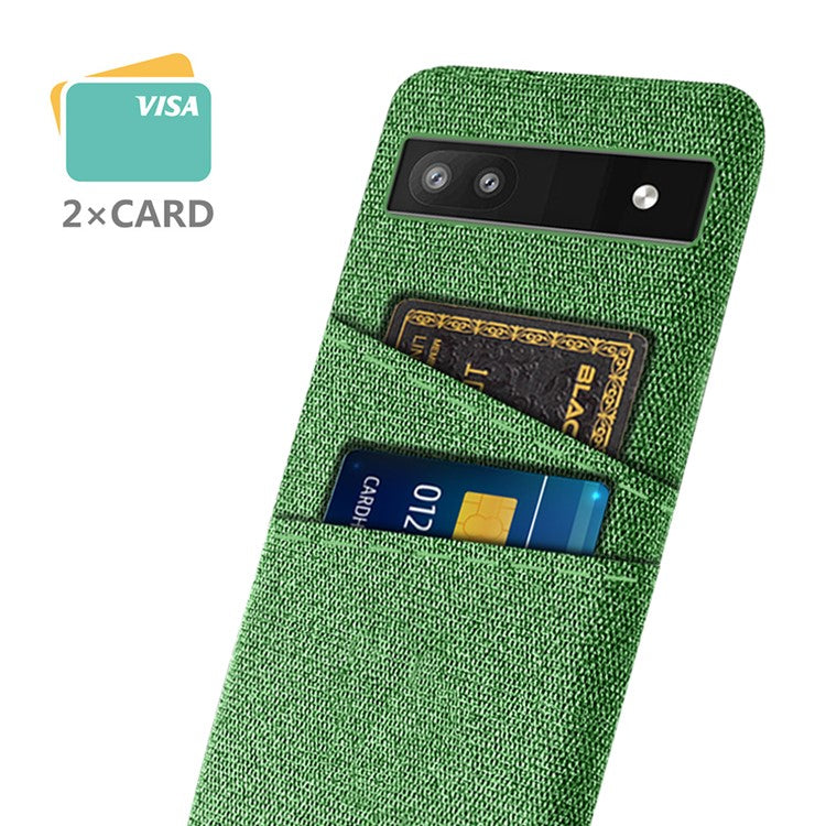 For Google Pixel 6a 5G Cloth Texture Shockproof Phone Case with Dual Card Slots Non-slip PU Leather Coated PC Protective Cover - Green