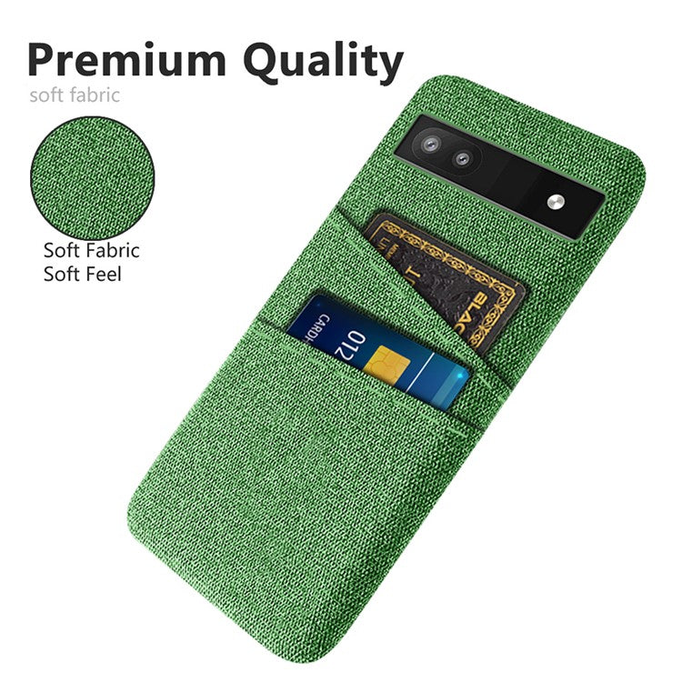 For Google Pixel 6a 5G Cloth Texture Shockproof Phone Case with Dual Card Slots Non-slip PU Leather Coated PC Protective Cover - Green