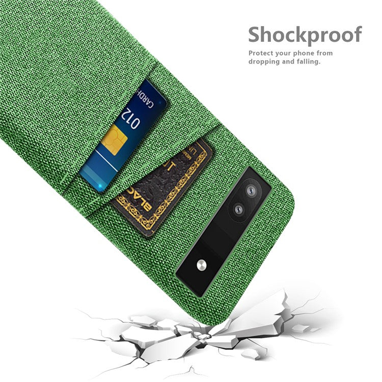 For Google Pixel 6a 5G Cloth Texture Shockproof Phone Case with Dual Card Slots Non-slip PU Leather Coated PC Protective Cover - Green