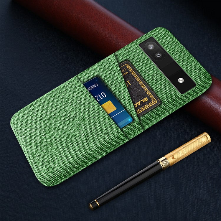 For Google Pixel 6a 5G Cloth Texture Shockproof Phone Case with Dual Card Slots Non-slip PU Leather Coated PC Protective Cover - Green