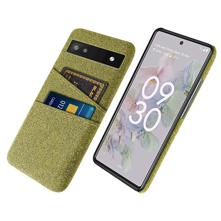 For Google Pixel 6a 5G Cloth Texture Shockproof Phone Case with Dual Card Slots Non-slip PU Leather Coated PC Protective Cover - Yellow