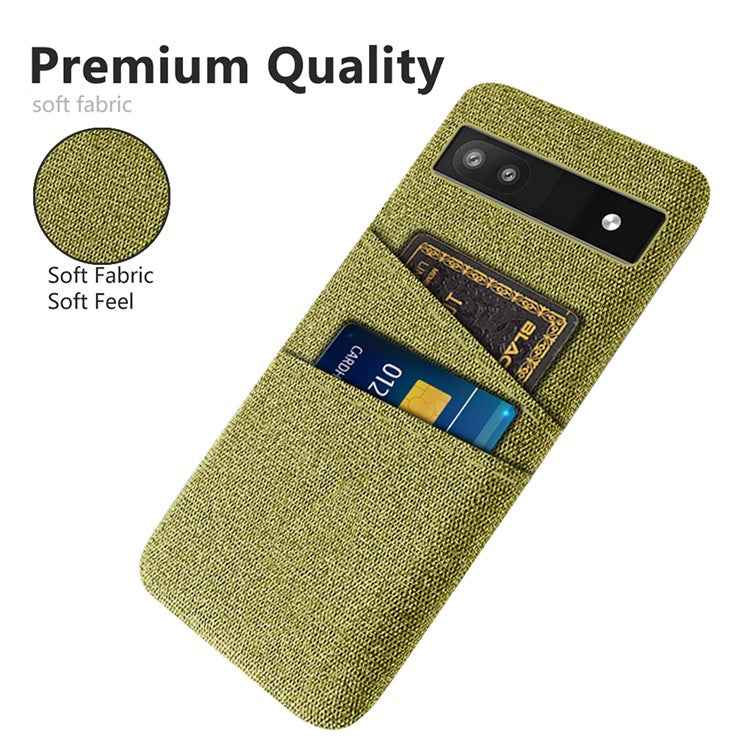 For Google Pixel 6a 5G Cloth Texture Shockproof Phone Case with Dual Card Slots Non-slip PU Leather Coated PC Protective Cover - Yellow