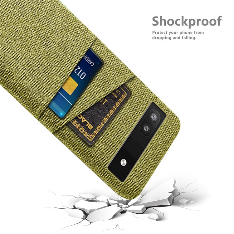 For Google Pixel 6a 5G Cloth Texture Shockproof Phone Case with Dual Card Slots Non-slip PU Leather Coated PC Protective Cover - Yellow